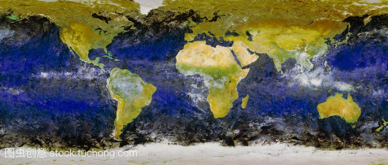 地球。地球卫星图像在平面投影上显示。颜色接