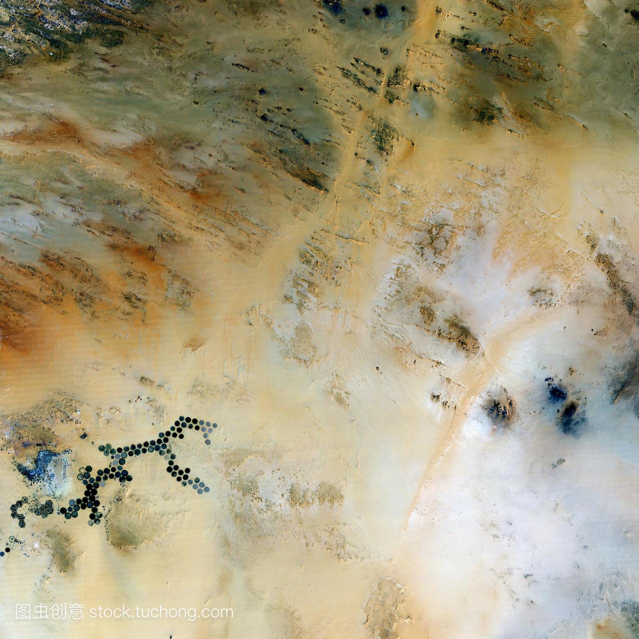 kufra绿洲,利比亚,卫星图像。在撒哈拉沙漠中,这