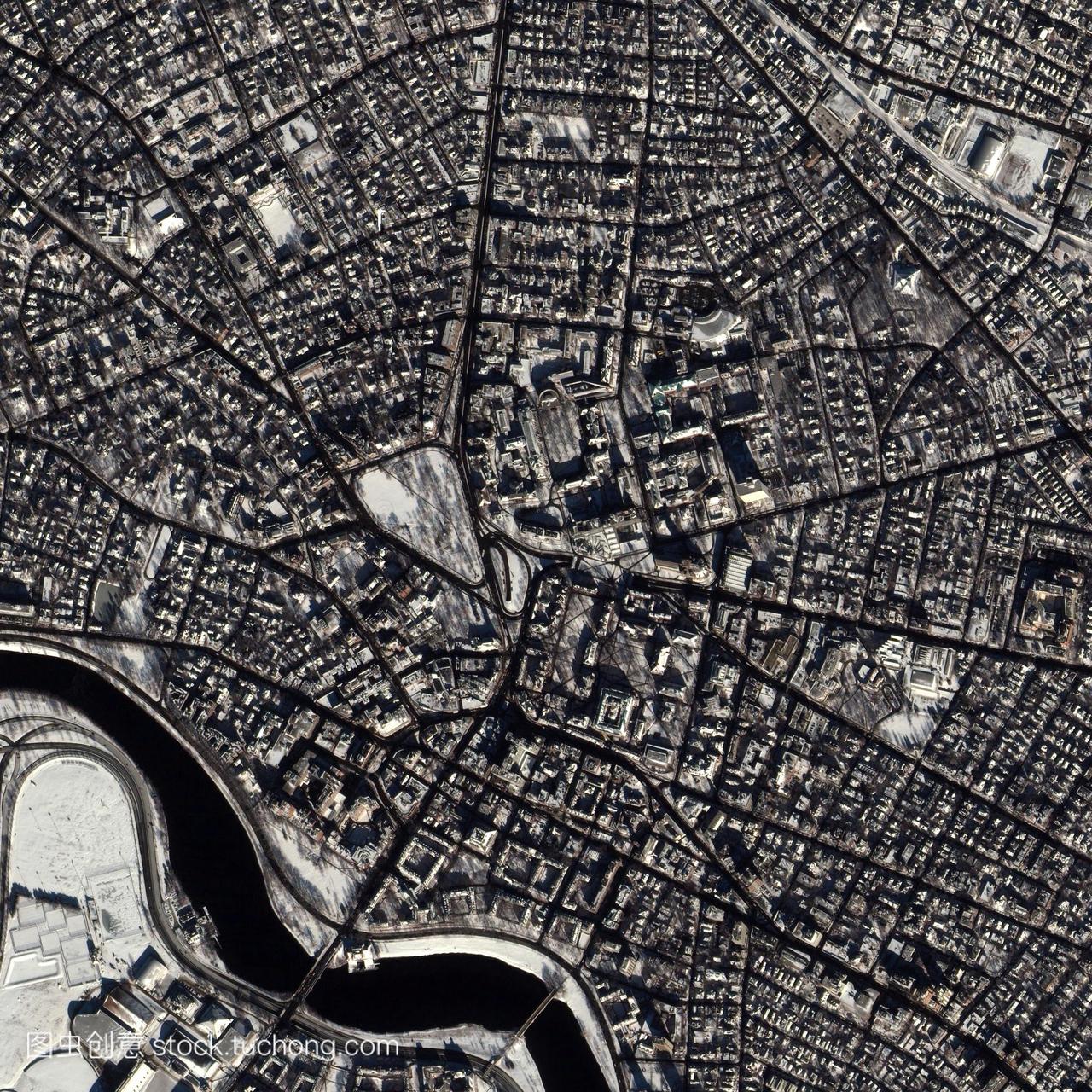 哈佛大学。卫星图像的中心城市的大学建筑的剑