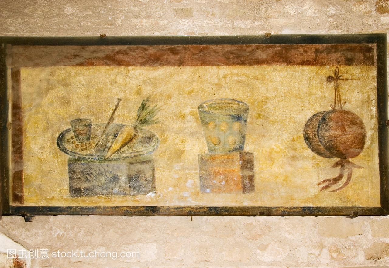 罗马壁画在Thermopolium口Antica。这广告壁画