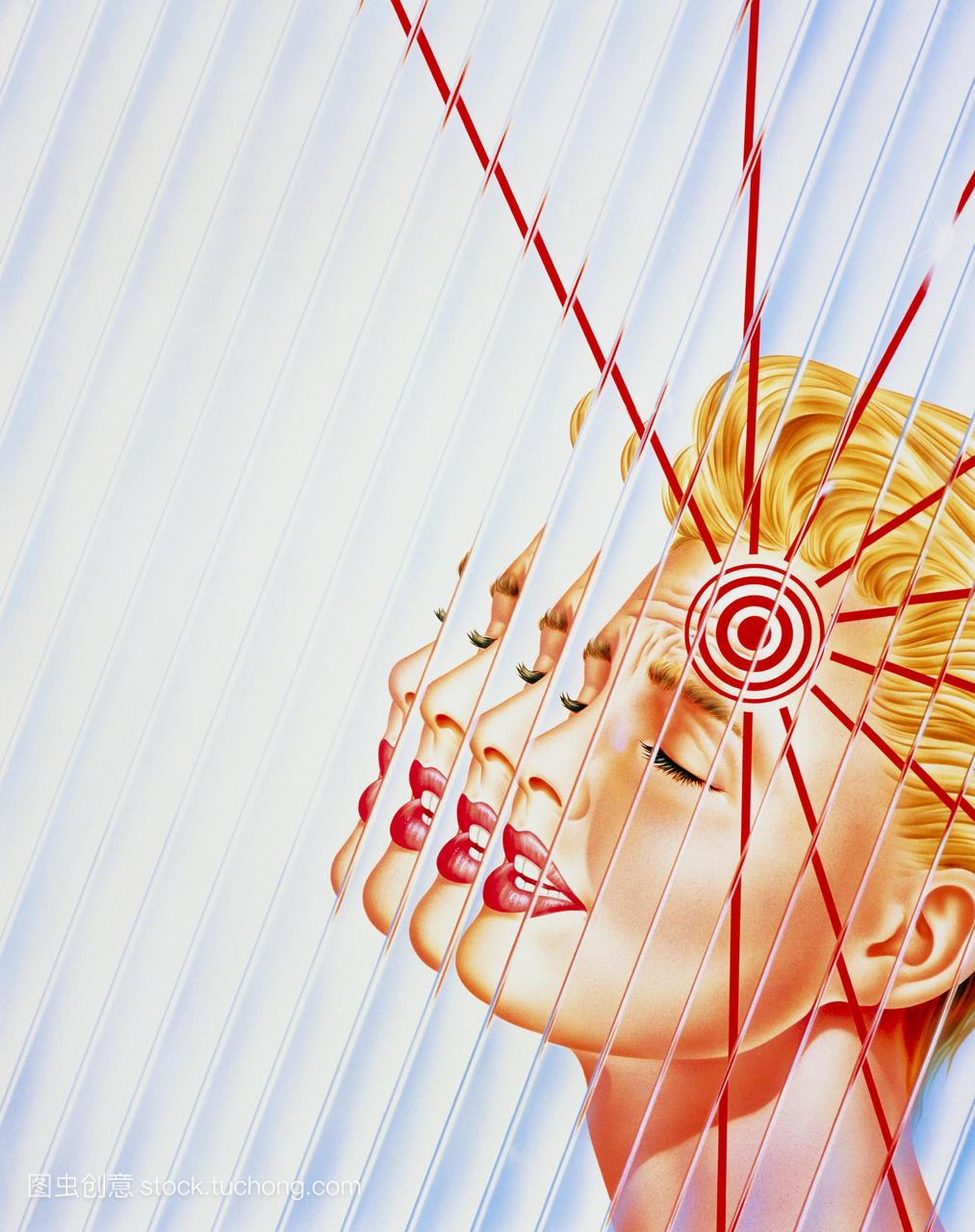 头痛的抽象插图女人持久极端头痛疼痛被红线标