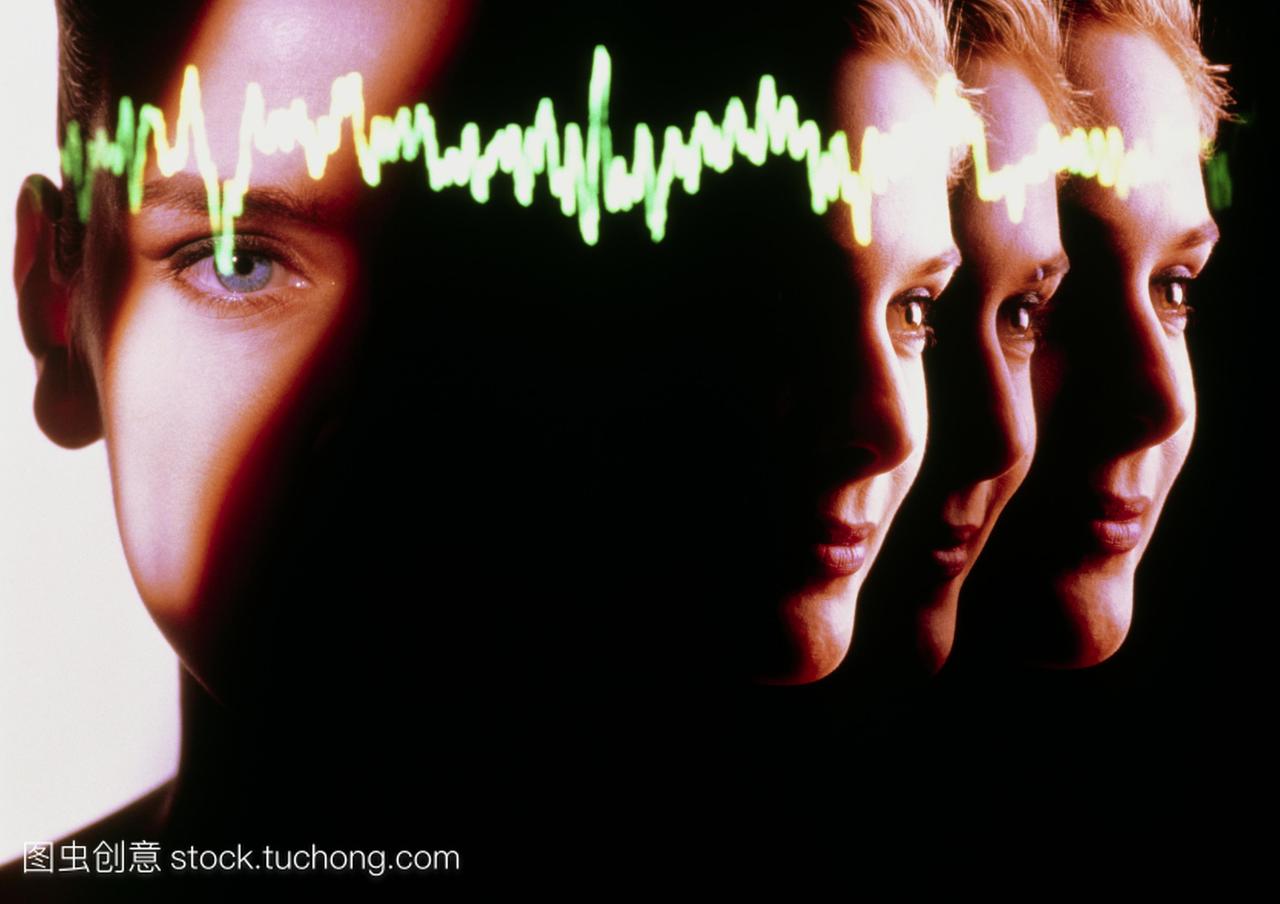 脑电波。脑电图EEG记录叠加在一个女人的形