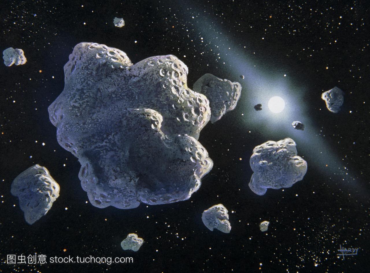 小行星。展示一组小行星和太阳左上方的艺术品