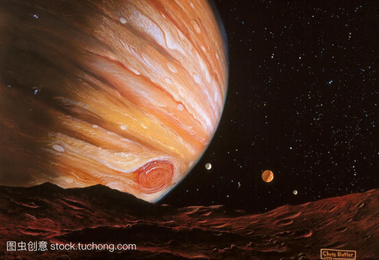 木星和三颗卫星的艺术作品,从卫星的阿玛西亚