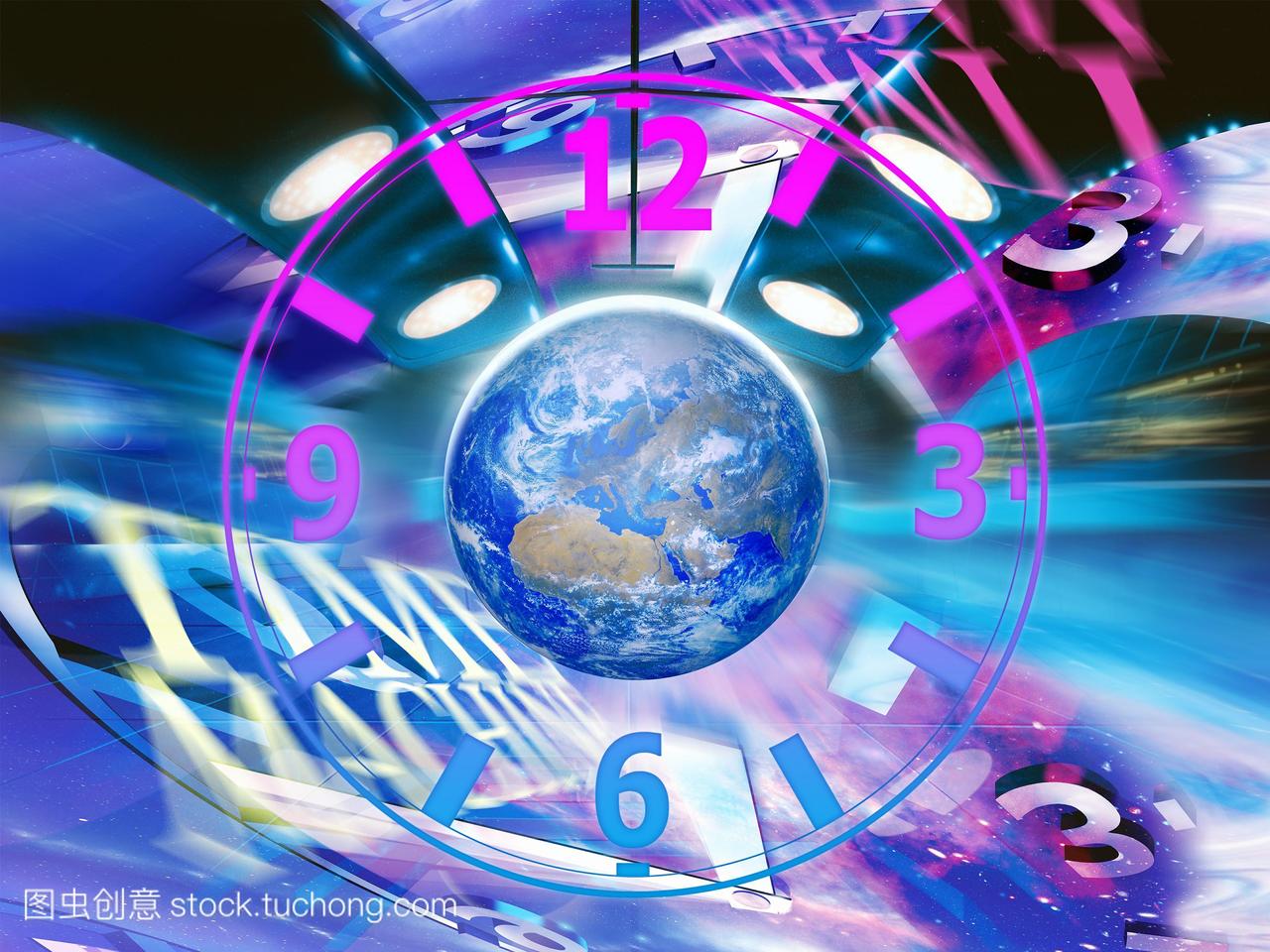 时间机器。时钟和地球的概念图。时间机器和