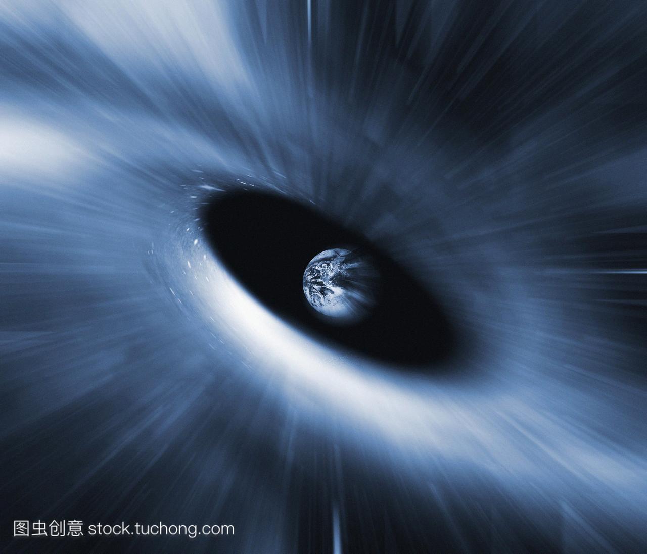 黑洞吞噬地球,电脑艺术。黑洞是一个空间的区