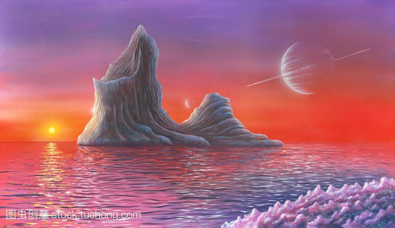 陌生的风景。艺术品的冰山漂浮在海洋上的月亮