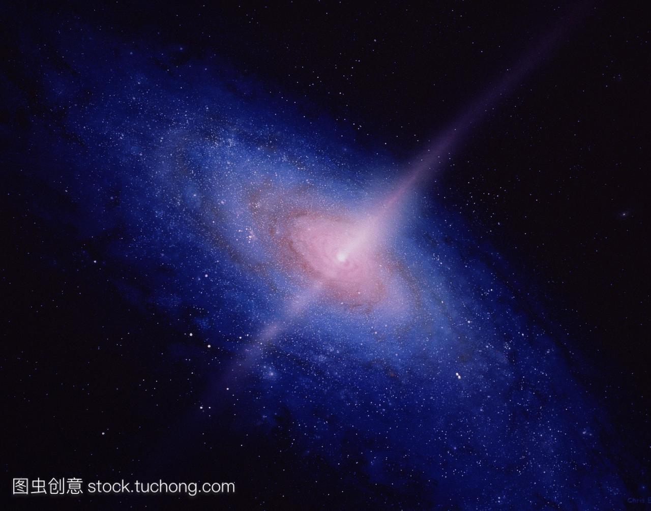 说明一个活跃的螺旋星系的相对飞机拍摄的发光