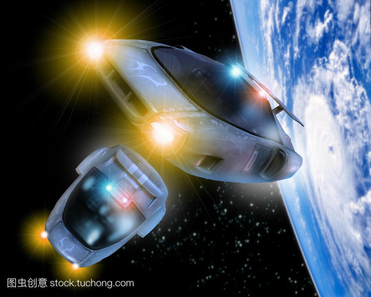 太空旅游。的电脑绘图两个未来太空旅游车辆可