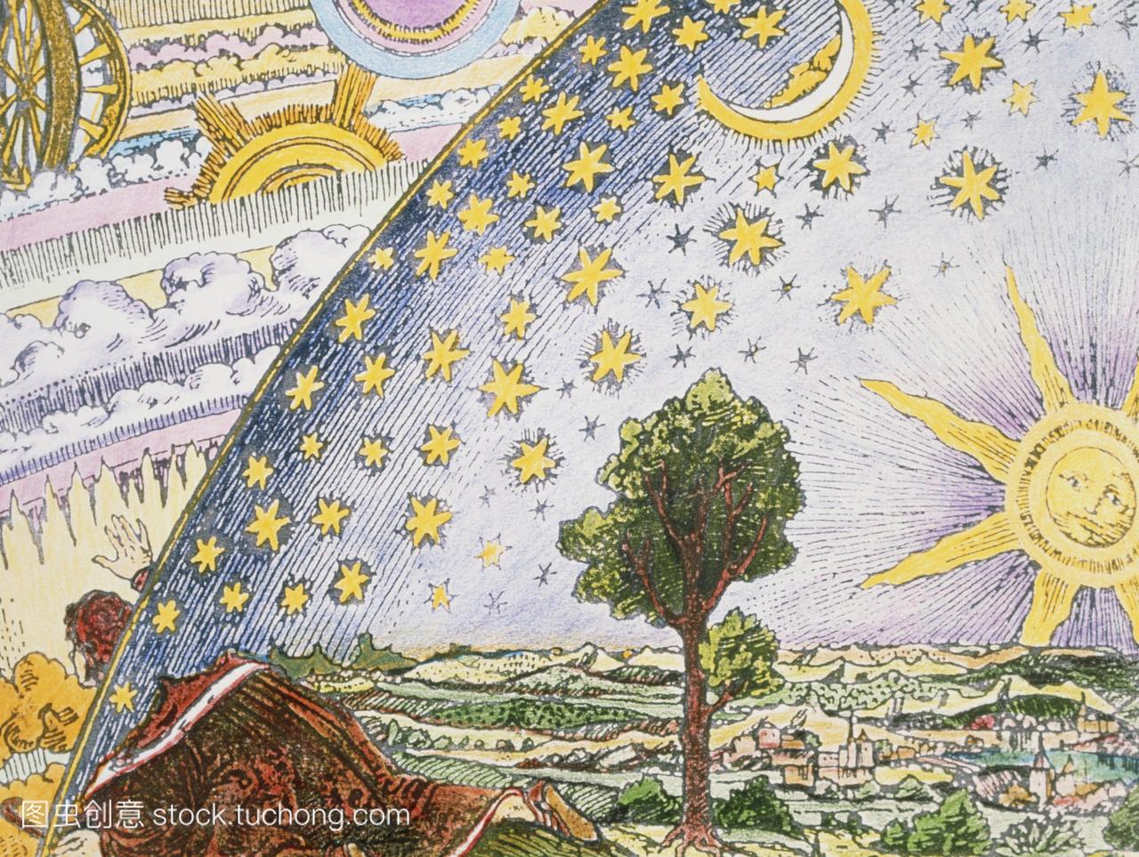 品描绘了一个天文学家从天空蓝色的力学诸天左