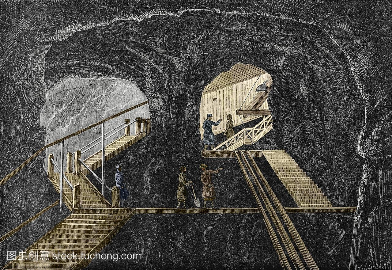19世纪的开采。在一个石墨矿里矿工的历史艺