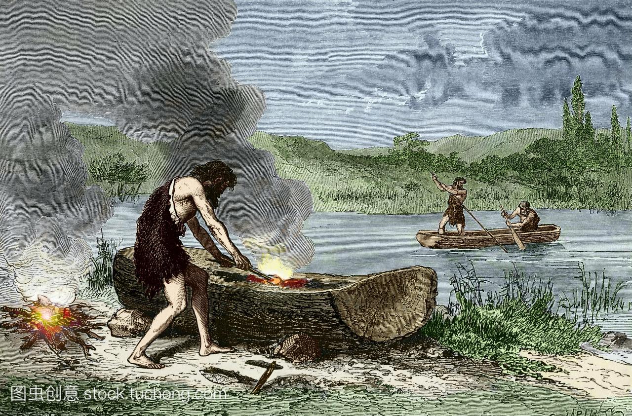 早期人类构建和使用船只。彩色插图的早期人类