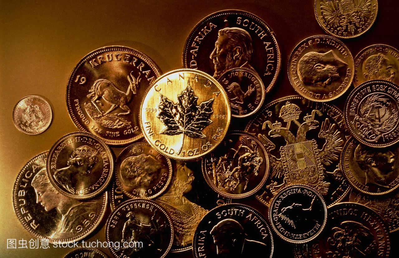 硬币。国际上各种各样的金币。金币的价格通常