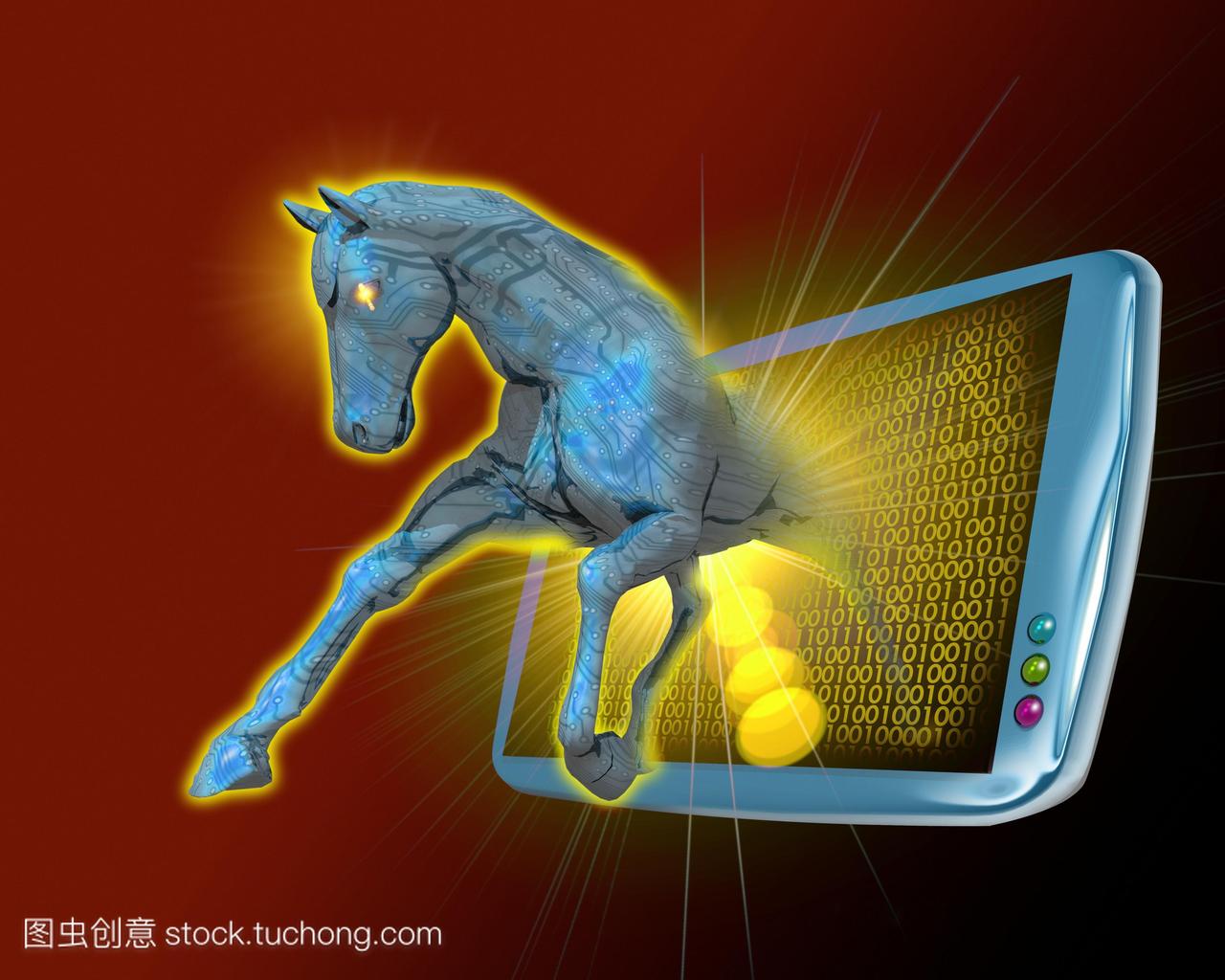特洛伊木马。从电脑显示器中跳出来的马的概念