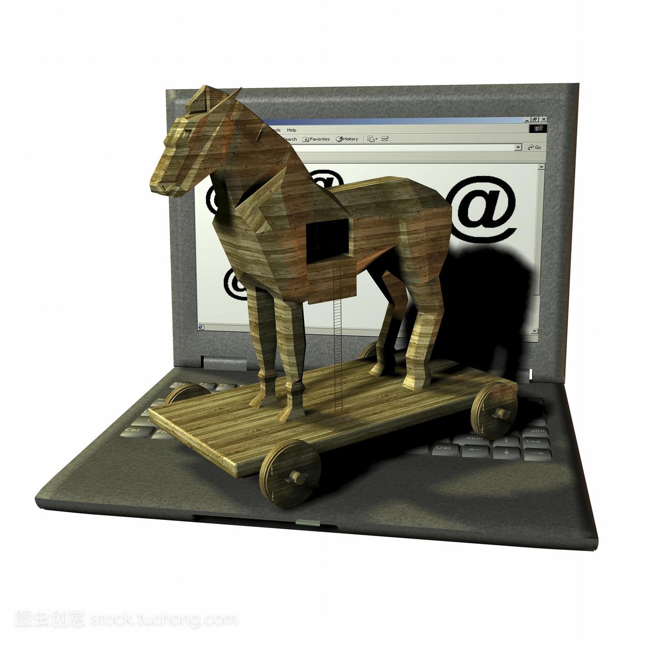特洛伊木马。一台笔记本电脑上的木制木马的概