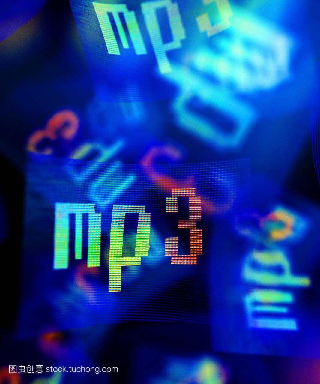 mp3。运动中mp3符号的计算机绘图。mp3是一