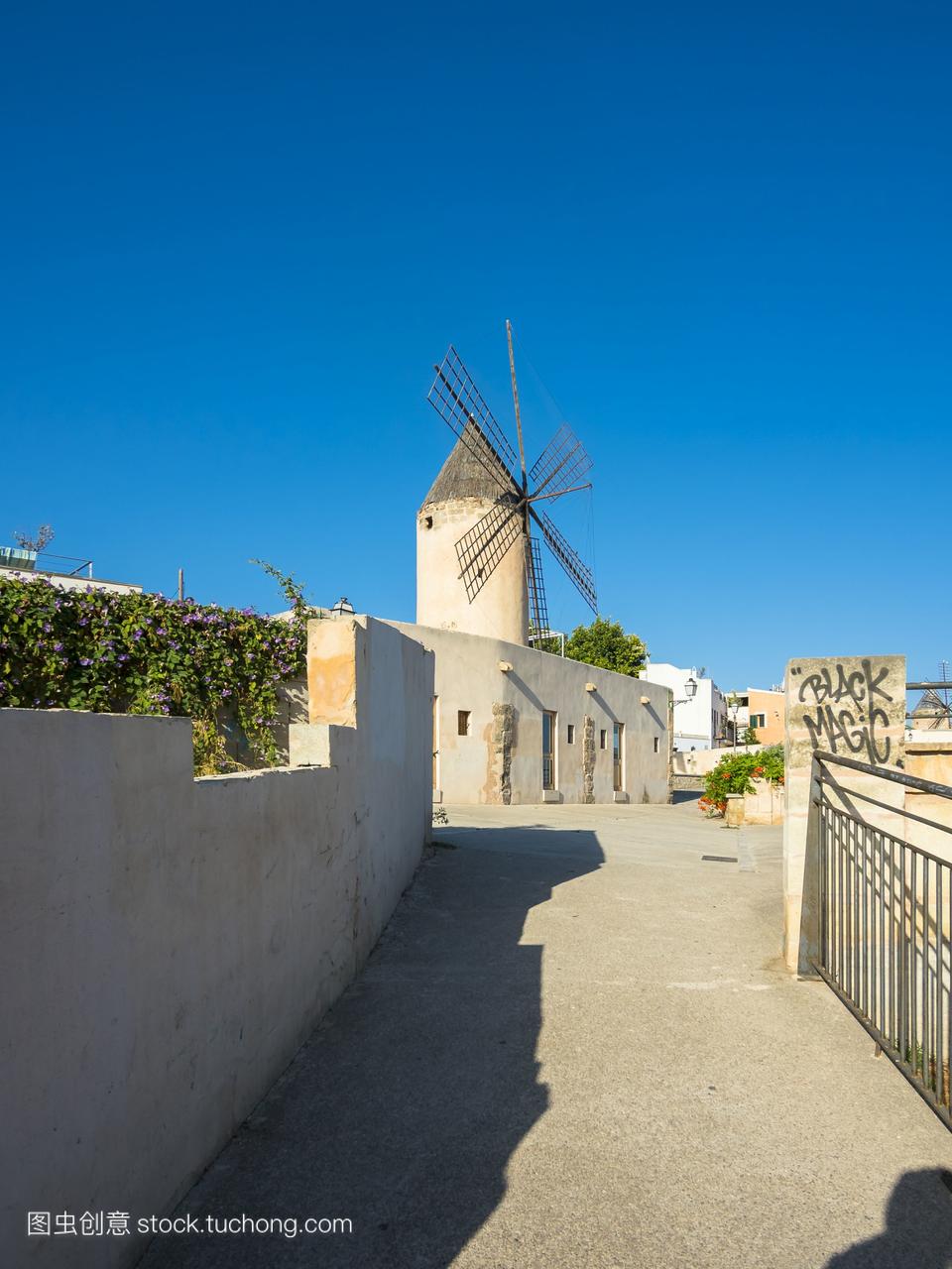 马略卡岛西班牙帕尔马历史性的风车在圣卡塔利
