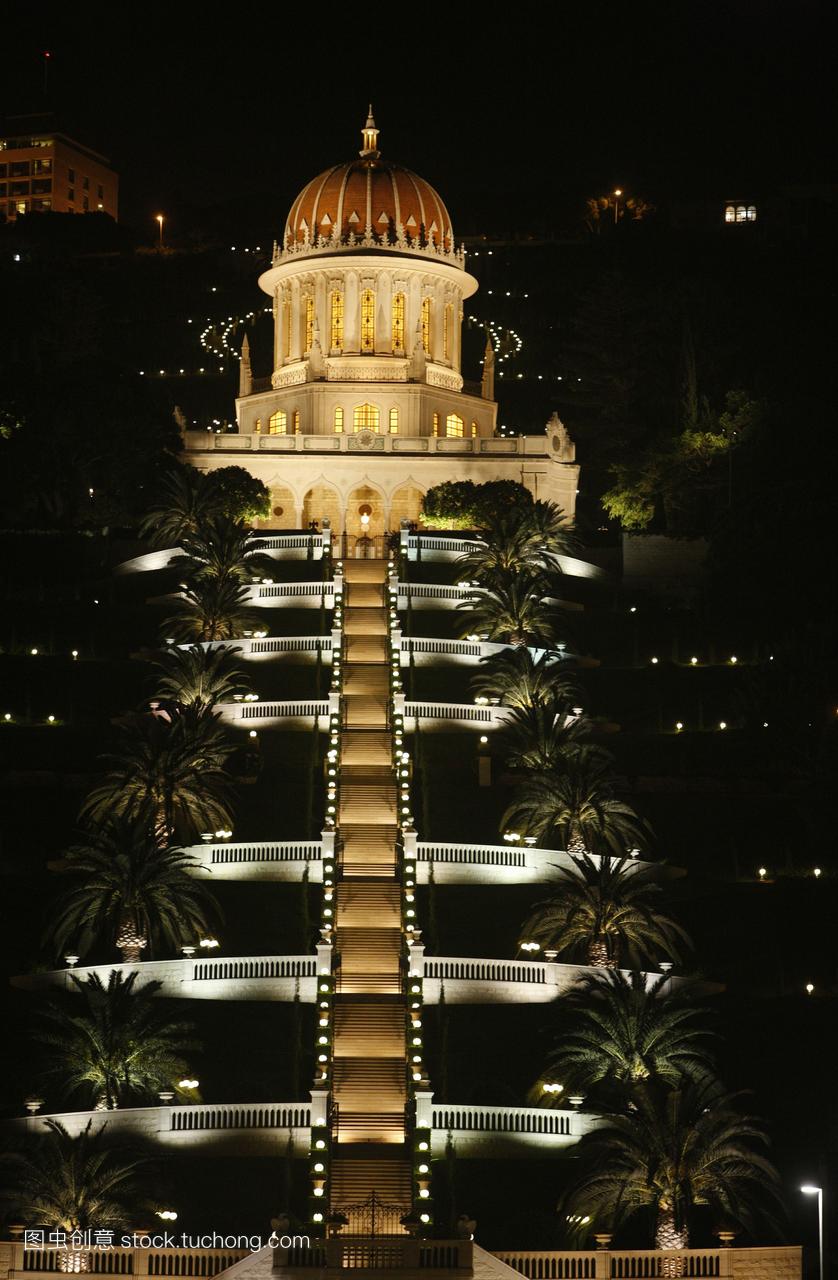 晚上海法巴哈伊圣殿海法以色列,中东地区