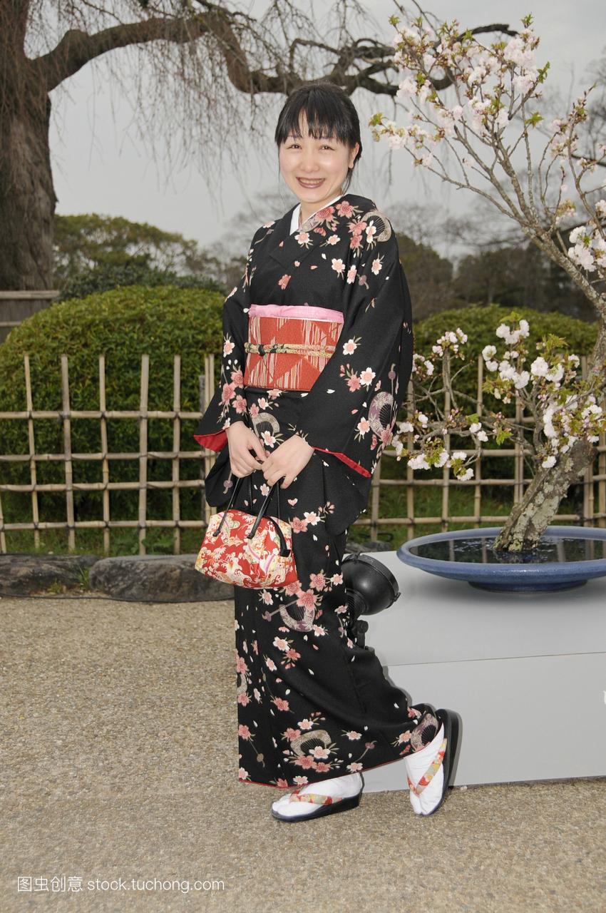 本,在一棵老樱桃树前,日本女人穿着一件春光和服