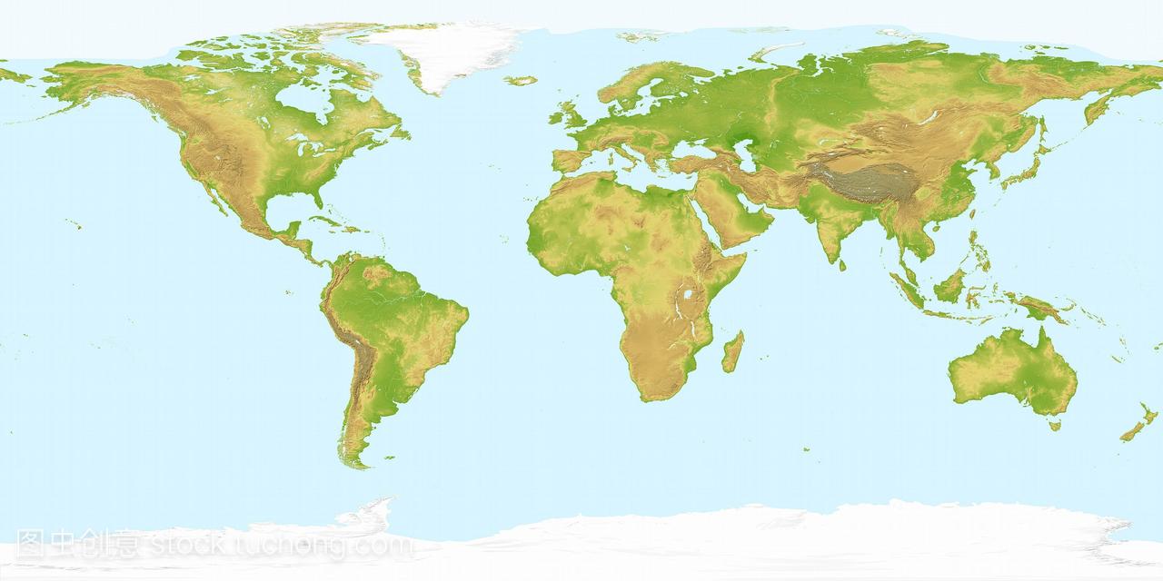 世界陆地地形卫星图像高度是colourcoded从绿