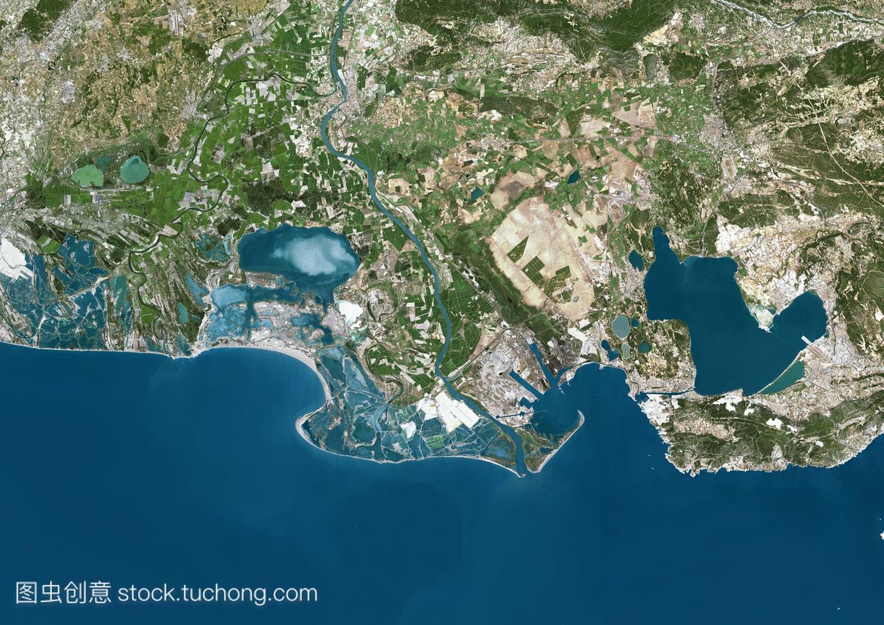 罗纳河三角洲卫星图像δ是罗纳河流入地中海的