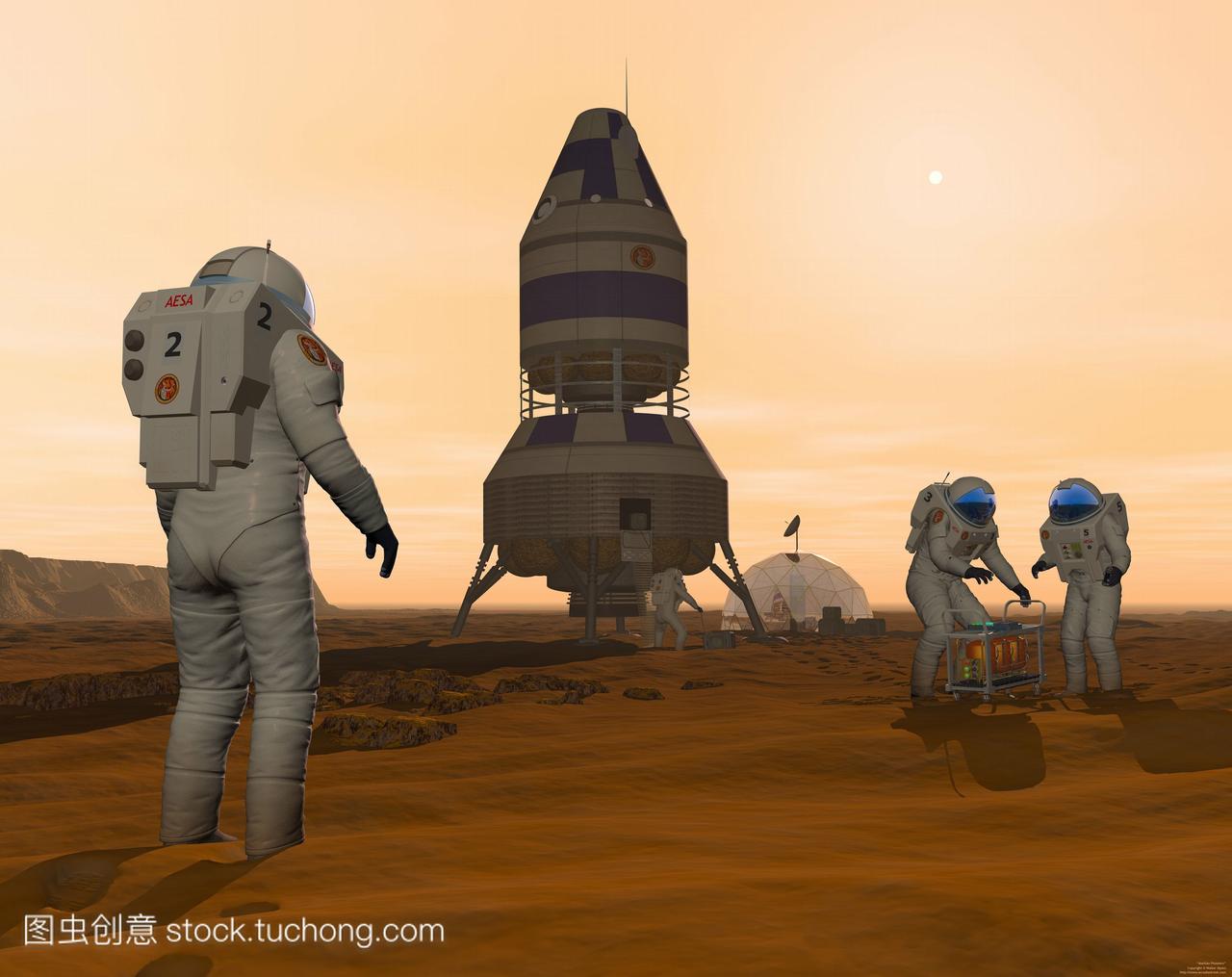 火星探索。宇航员在他们的着陆器上在火星表面