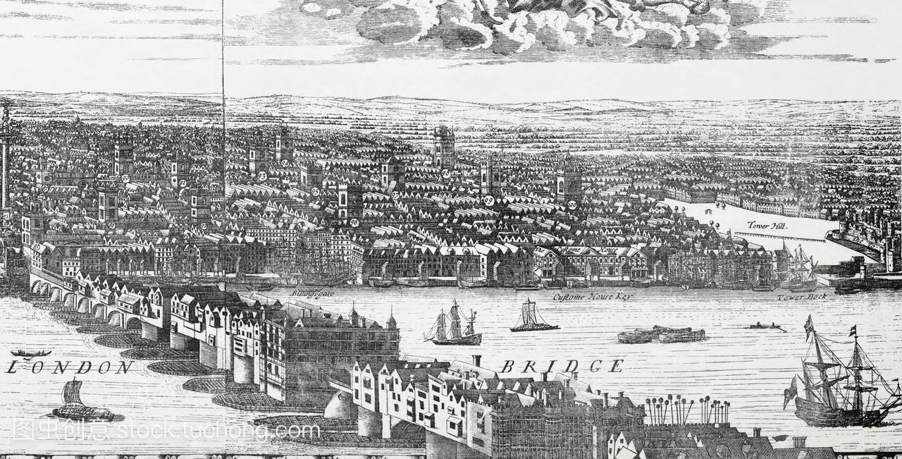 古老的伦敦桥历史的艺术品。17世纪的绘画