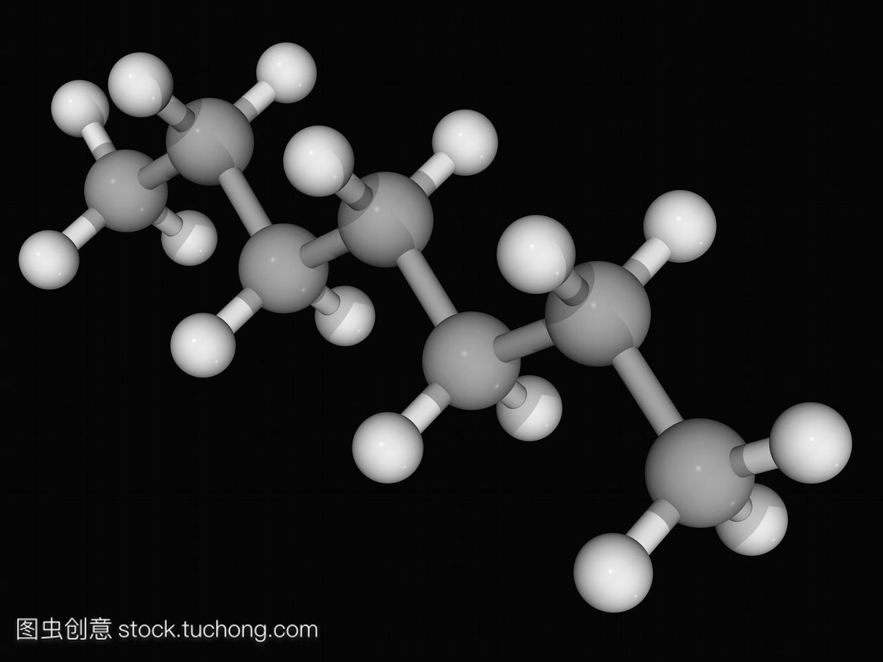 烷,分子模型。直链烷烃,用作完全非极性溶剂。