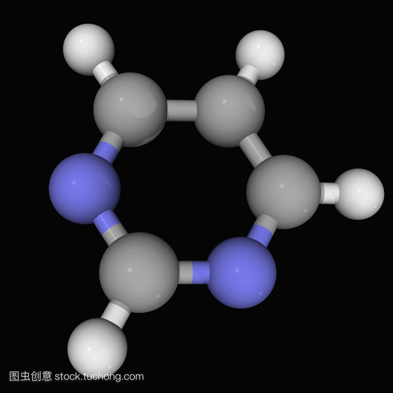 嘧啶,分子模型。芳香族有机化合物。三种核素