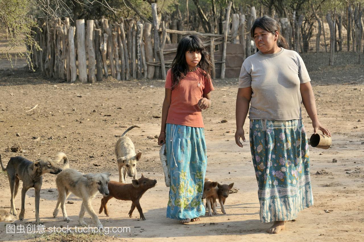 hi印第安人部落的土著女孩和女人跟着村里的狗