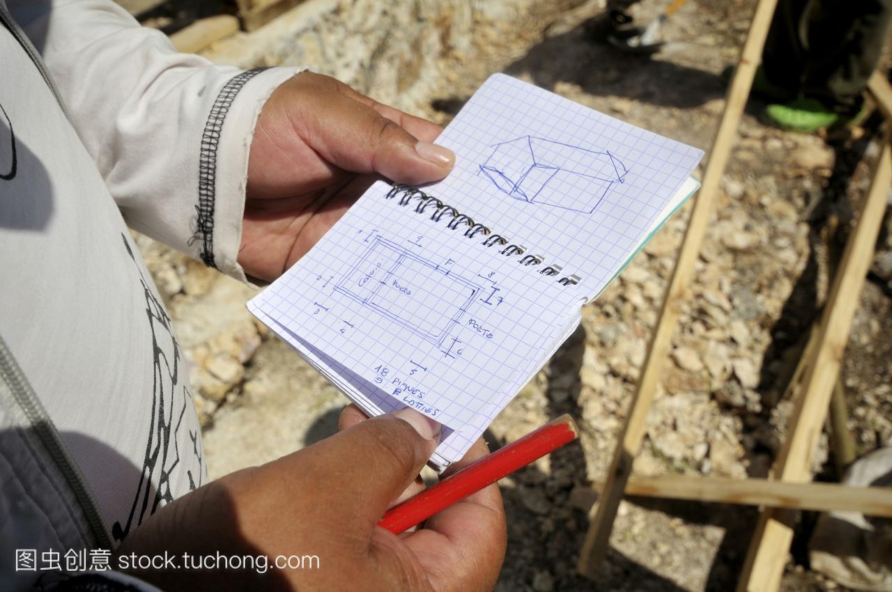 建筑师拿着木房子的示意图。2010年1月大地震