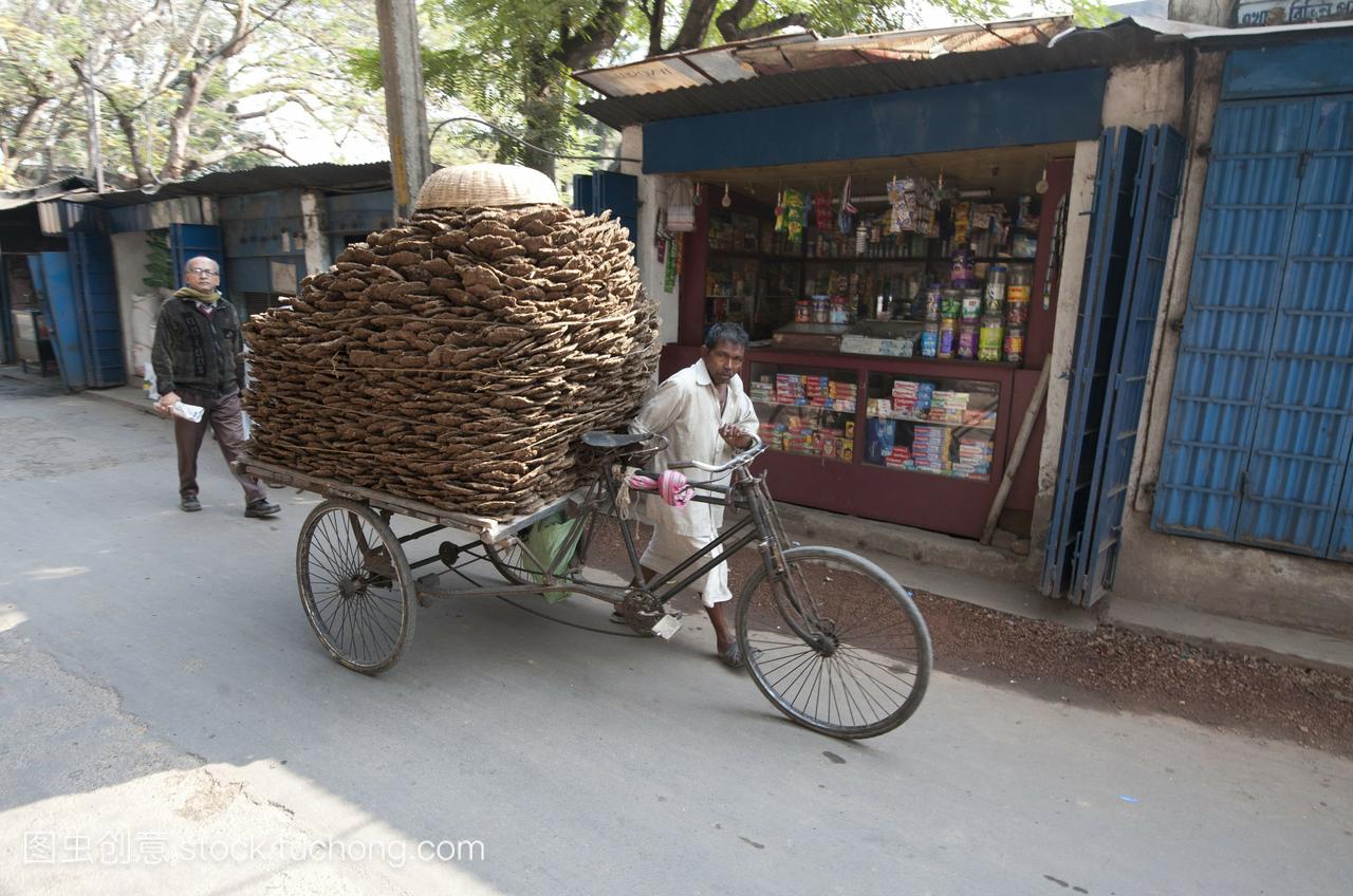 在印度西孟加拉邦的哈吉里村,人力车夫骑着人