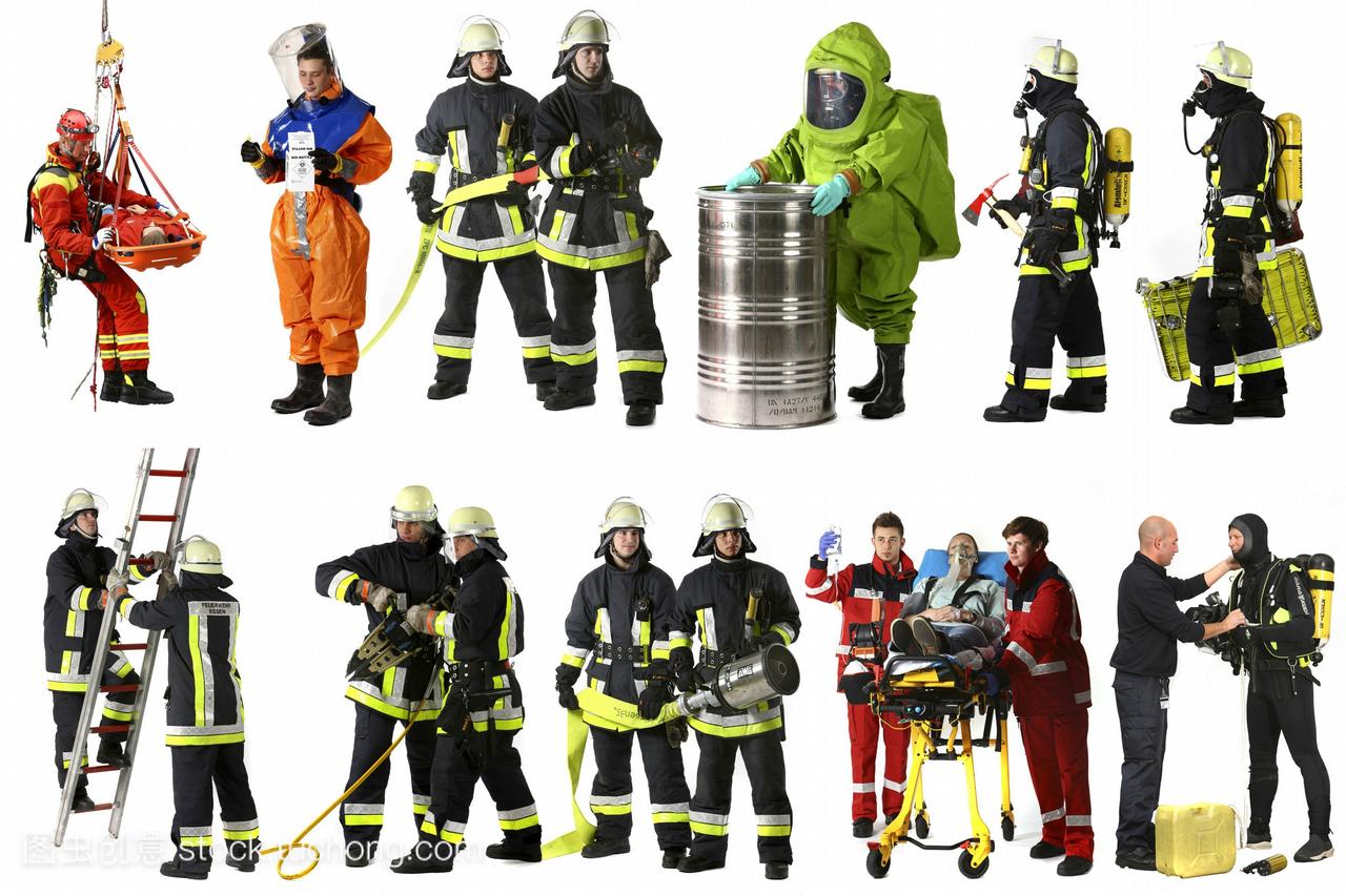 消防员穿着不同的制服,包括一套化学防护服,护