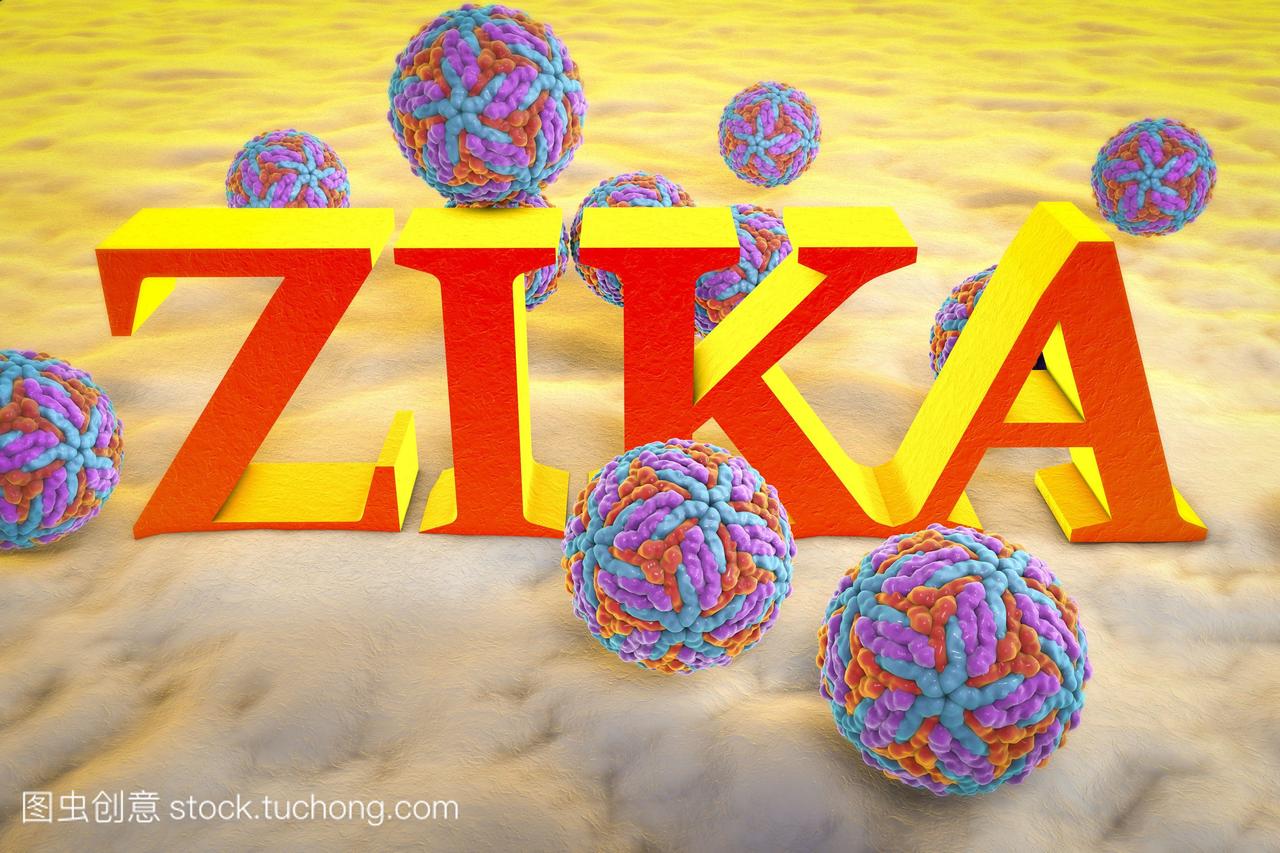 Zika病毒和铭文Zika病毒电脑插图。这是一个R