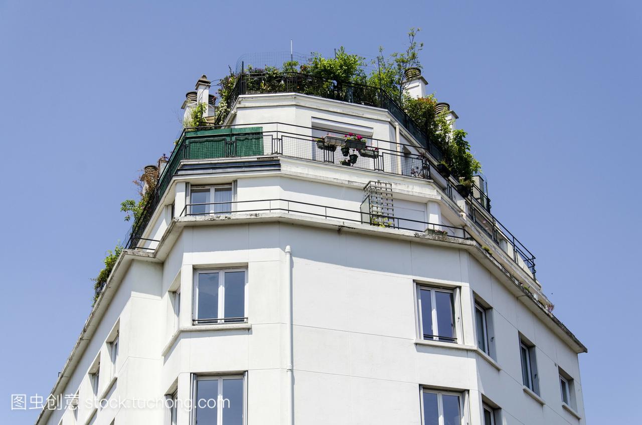 法国,巴黎13区,peupliers街区,屋顶上的鲜花阳