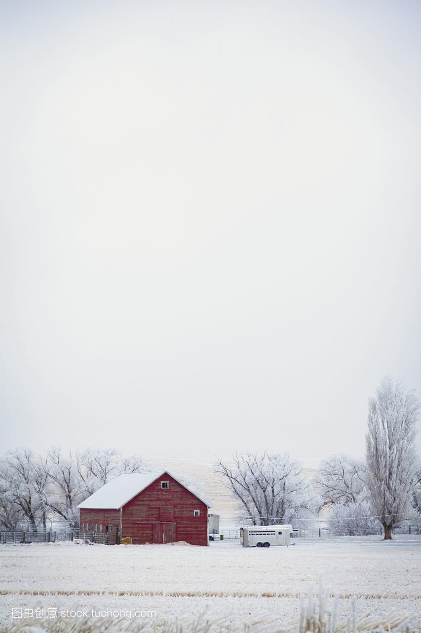 华盛顿在冬天红色谷仓;州美国