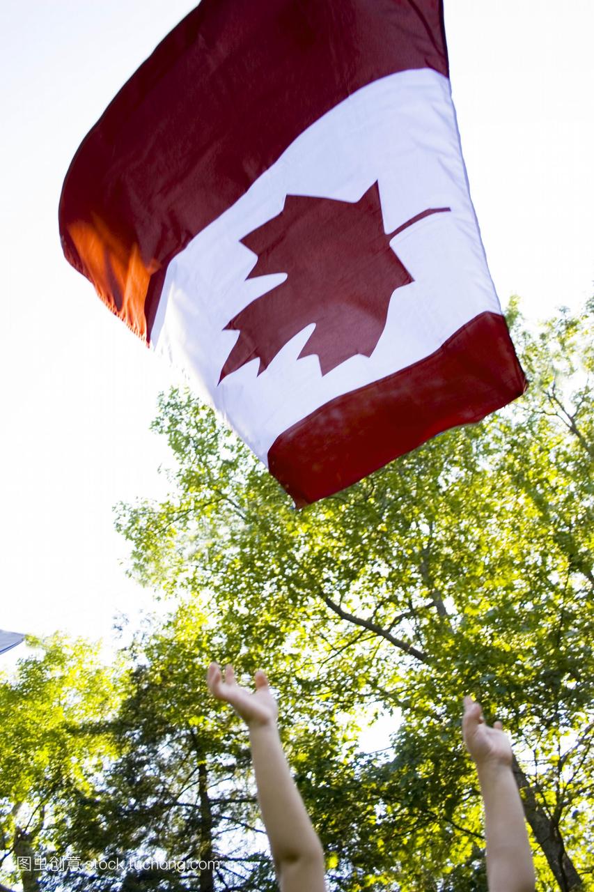 孩子到达加拿大国旗安大略省马斯科卡