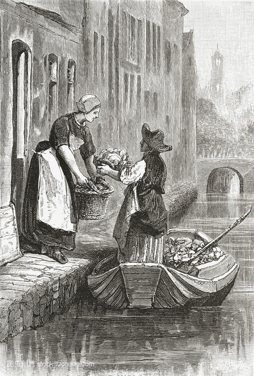 19世纪荷兰海牙的一个运河上卖新鲜蔬菜的男