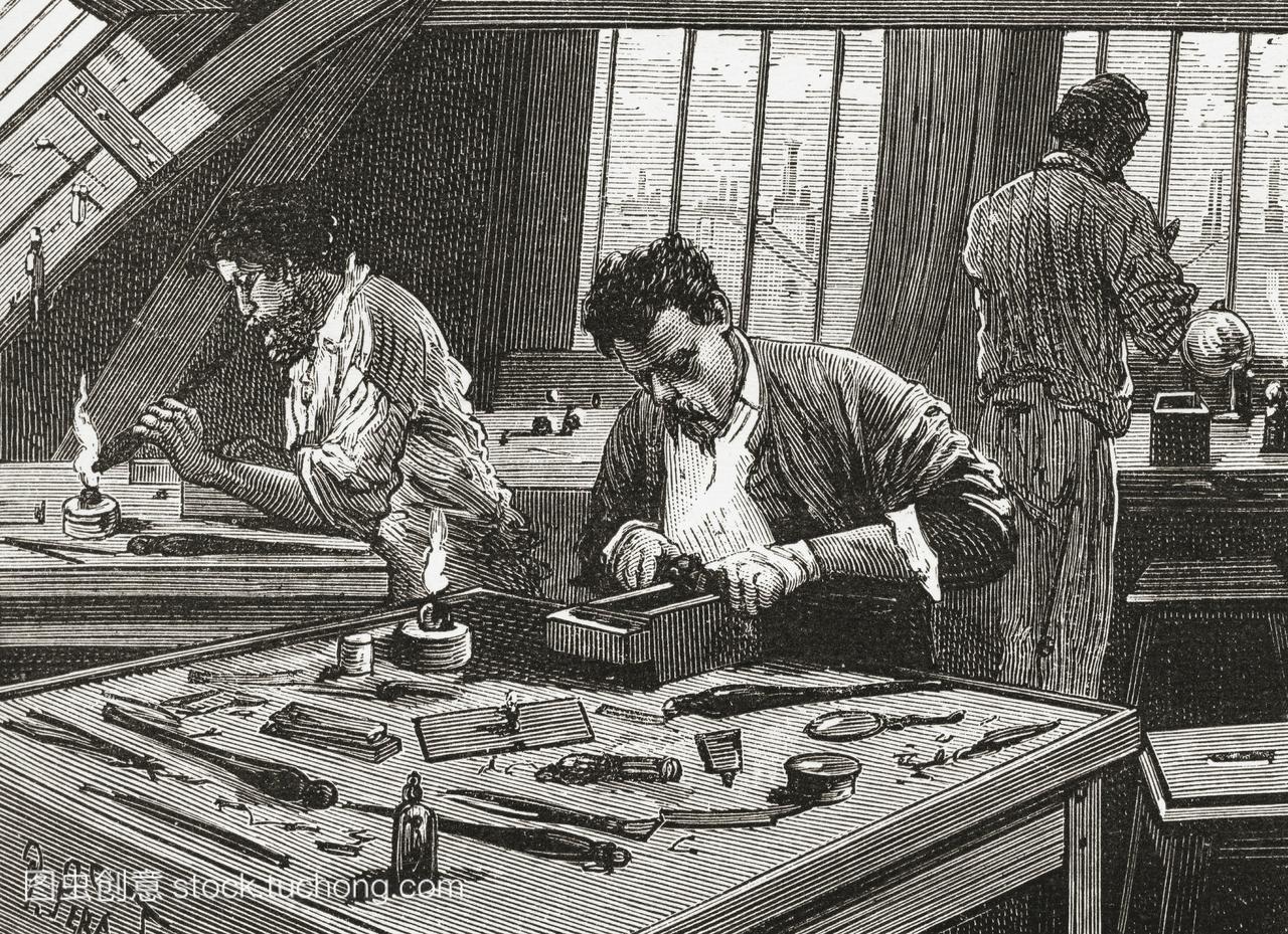 19世纪荷兰阿姆斯特丹的钻石切割。来自荷兰