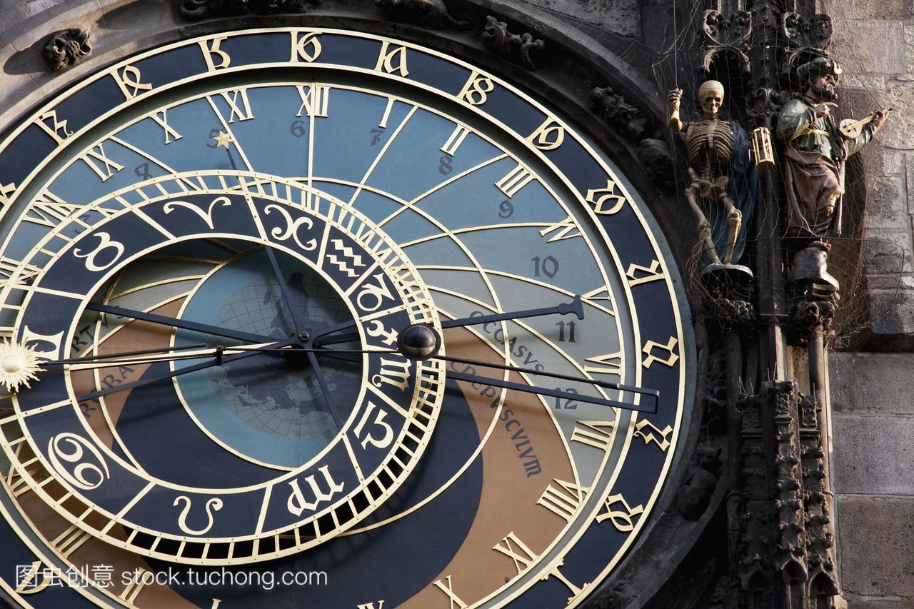 特写的天文时钟在旧市政厅代表死亡布拉格捷克